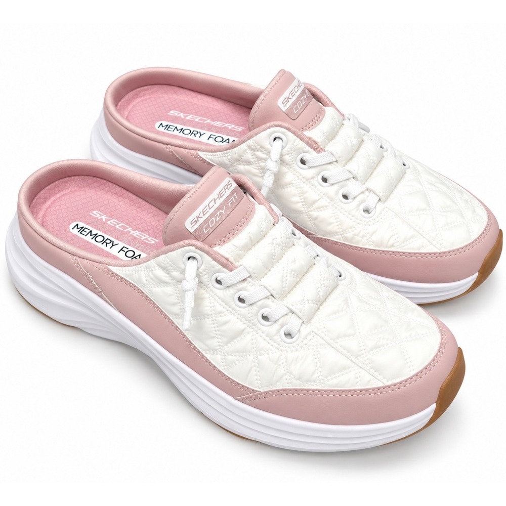 NEW Skechers Cozy Fit Air-Cooled Memory Foam Mule Sneakers Pink White Womens 7